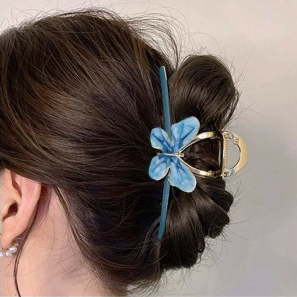 Enameled Metal Hair Clip Claw Blue Butterfly
